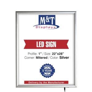 M&T Displays Smart LEDBox LED Backlit Poster Frame 22x28 Inch Silver 1" Aluminum Profile Front Loading Photo Picture Advertisement Sign Holder Mitered Corner Anti Glare Cover