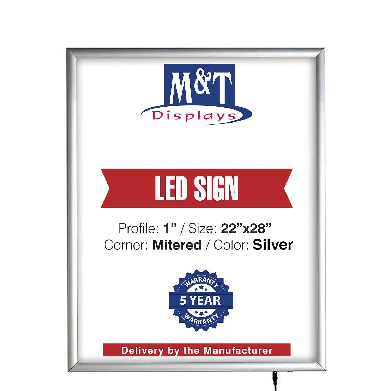 M&T Displays Smart LEDBox LED Backlit Poster Frame 22x28 Inch Silver 1" Aluminum Profile Front Loading Photo Picture Advertisement Sign Holder Mitered Corner Anti Glare Cover