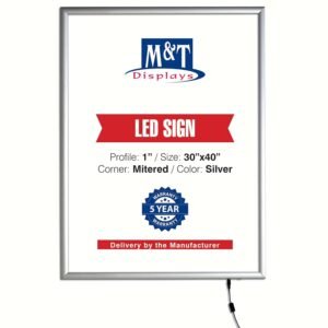 M&T Displays Smart LEDBox LED Backlit Poster Frame 30x40 Inch Silver 1" Aluminum Profile Front Loading Photo Picture Advertisement Sign Holder Mitered Corner Anti Glare Cover