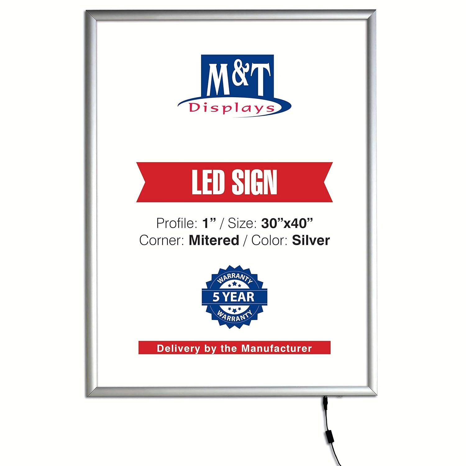 M&T Displays Smart LEDBox LED Backlit Poster Frame 30x40 Inch Silver 1" Aluminum Profile Front Loading Photo Picture Advertisement Sign Holder Mitered Corner Anti Glare Cover