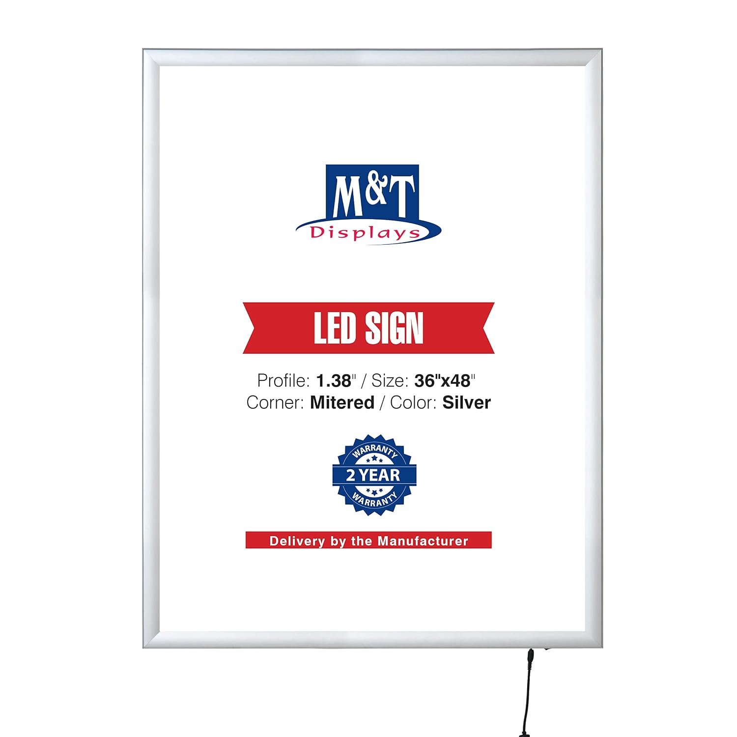 M&T Displays Smart LEDBox LED Backlit Poster Frame 36x48 Inch Silver 1.38" Aluminum Profile Front Loading Photo Picture Advertisement Sign Holder Mitered Corner Anti Glare Cover