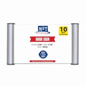 M&T Displays Snap Open Name Plate Aluminum Office Door Sign Holder with Self Adhesive Double Sided Tape and Plastic Anti Glare Cover 4x6 Inch Silver 0.59 inch Profile for...