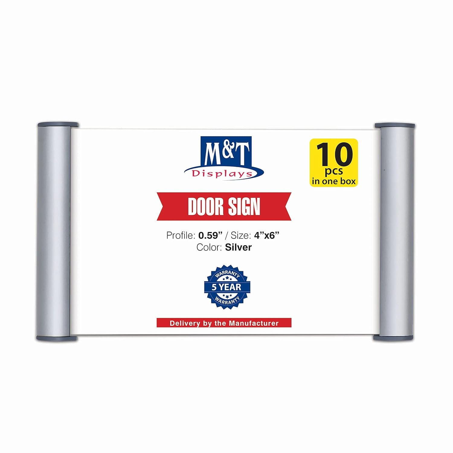 M&T Displays Snap Open Name Plate Aluminum Office Door Sign Holder with Self Adhesive Double Sided Tape and Plastic Anti Glare Cover 4x6 Inch Silver 0.59 inch Profile for...