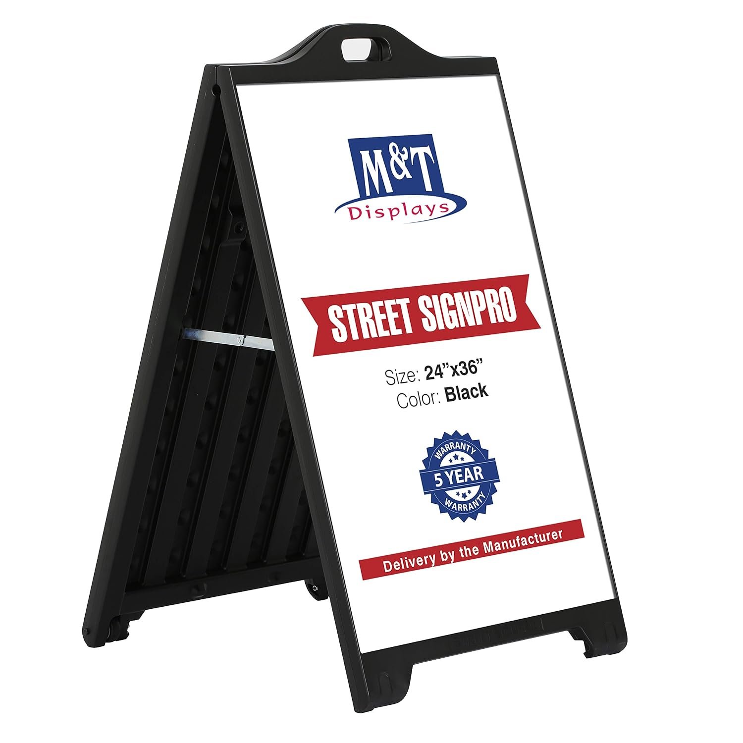 M&T Displays Street SignPro Board, Black 24x36 Inch Sandwich Board A-Frame Sidewalk Curb Sign Holder Folding Portable Double Sided Advertising Display for Restaurant Cafe