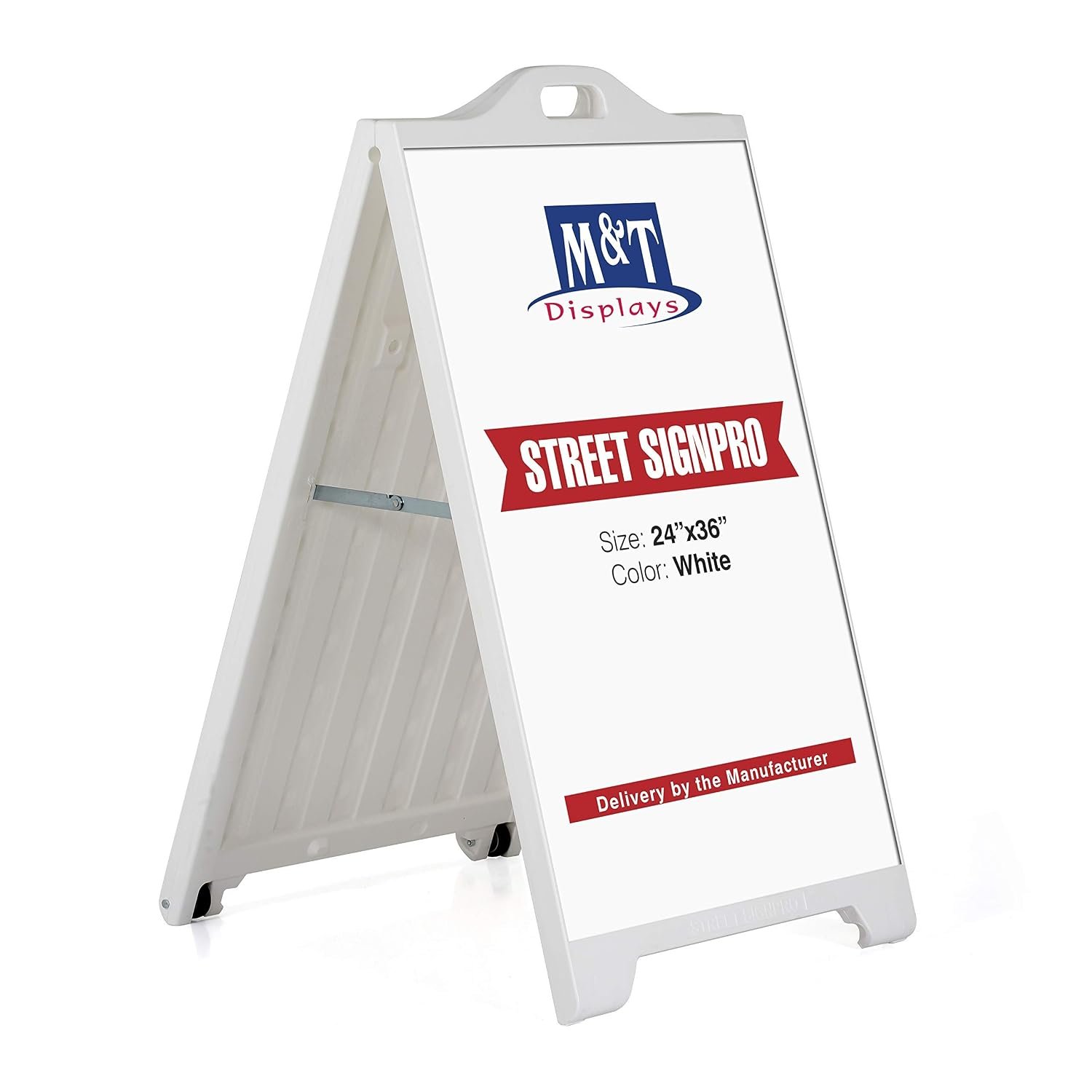 M&T Displays Street SignPro Board, White 24x36 Inch Weatherproof Sandwich Board A-Frame Sidewalk Curb Sign Holder Folding Portable Double Sided Advertising Display for...