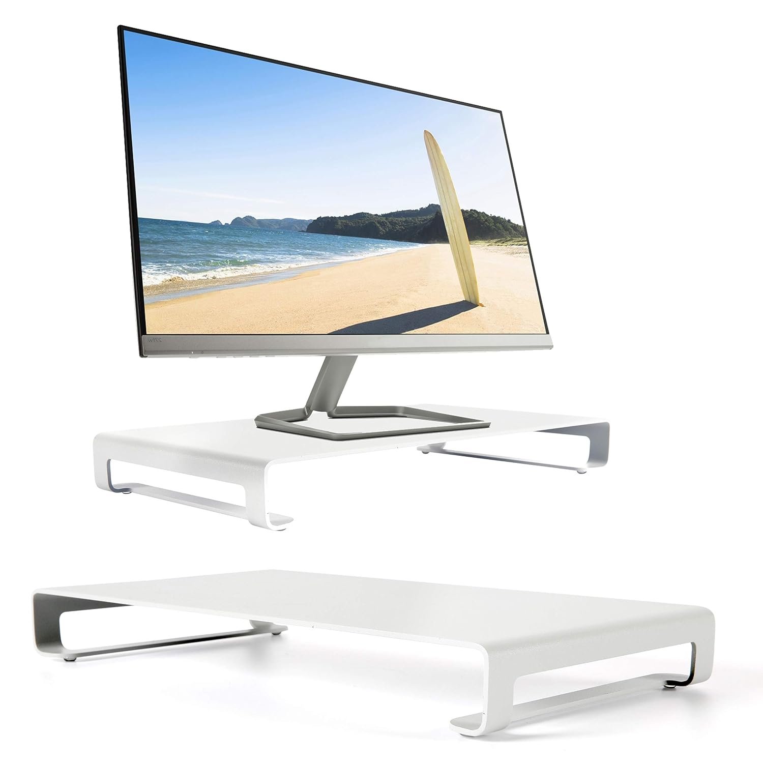 M&T Displays Universal Monitor Stand 31 lbs Safe Carrying Capacity, Aluminum Metal Shelf Organizer for Office Desk Accessories & TV Stands (White) (2 Pack)