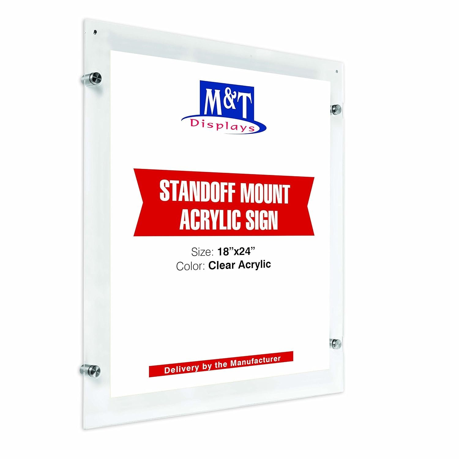 M&T Displays Wall Mount Floating Clear Acrylic Frameless Picture Frame with Brushed Silver Standoff Hardware and Magnets for 18x24 inch Sign Poster Photo Document Certificate...