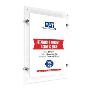 M&T Displays Wall Mount Floating Clear Acrylic Frameless Picture Frame with Brushed Silver Standoff Hardware and Magnets for 11x17 inch Sign Poster Photo Document Certificate...