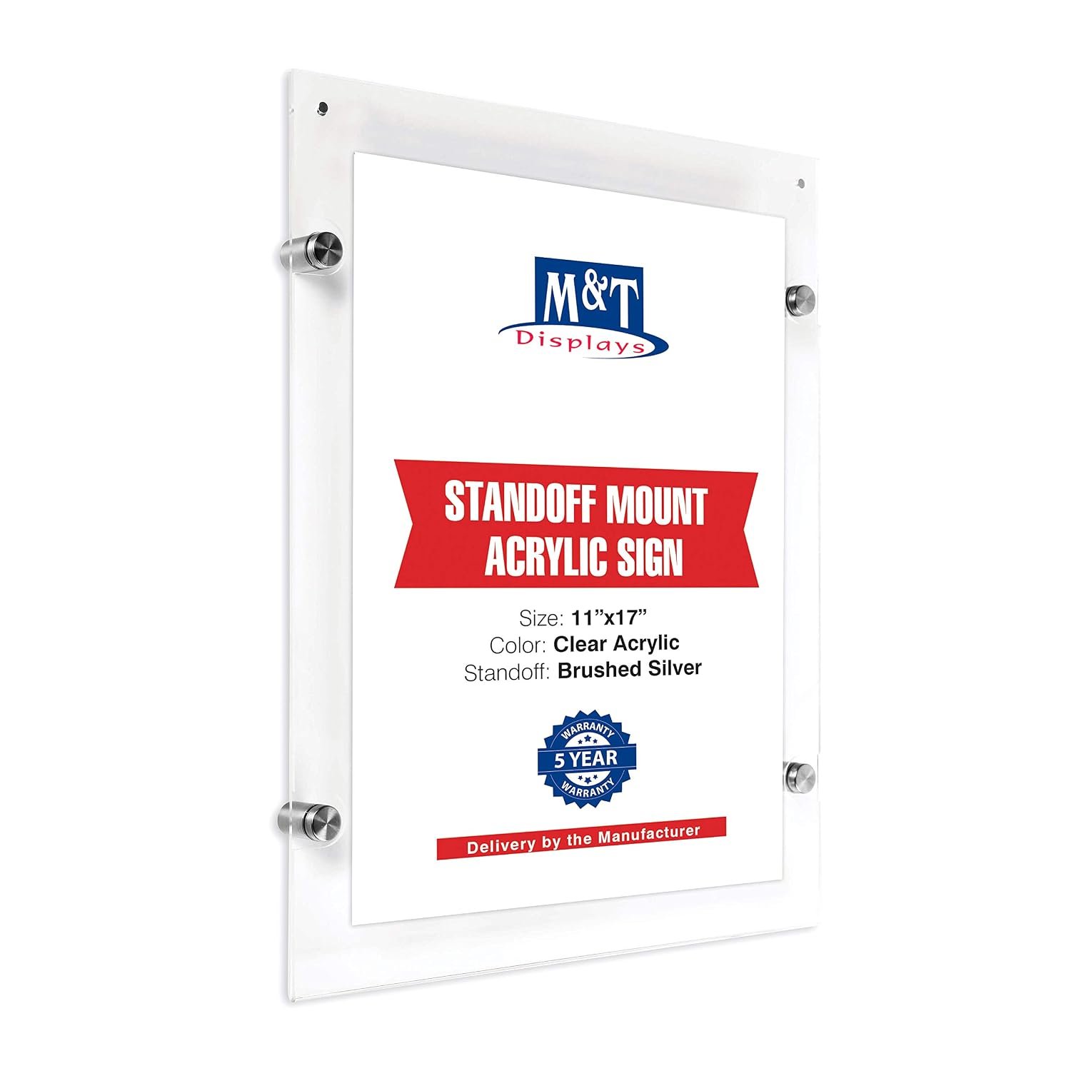 M&T Displays Wall Mount Floating Clear Acrylic Frameless Picture Frame with Brushed Silver Standoff Hardware and Magnets for 11x17 inch Sign Poster Photo Document Certificate...