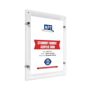 M&T Displays Wall Mount Floating Clear Acrylic Frameless Picture Frame with Brushed Silver Standoff Hardware and Magnets for 8.5x11 inch Sign Poster Photo Document Certificate...