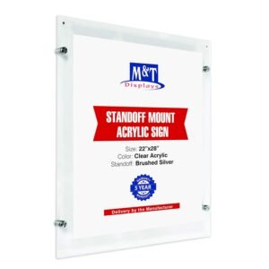 M&T Displays Wall Mount Floating Clear Acrylic Frameless Picture Frame with Brushed Silver Standoff Hardware and Magnets for 22x28 inch Sign Poster Photo Document Certificate...