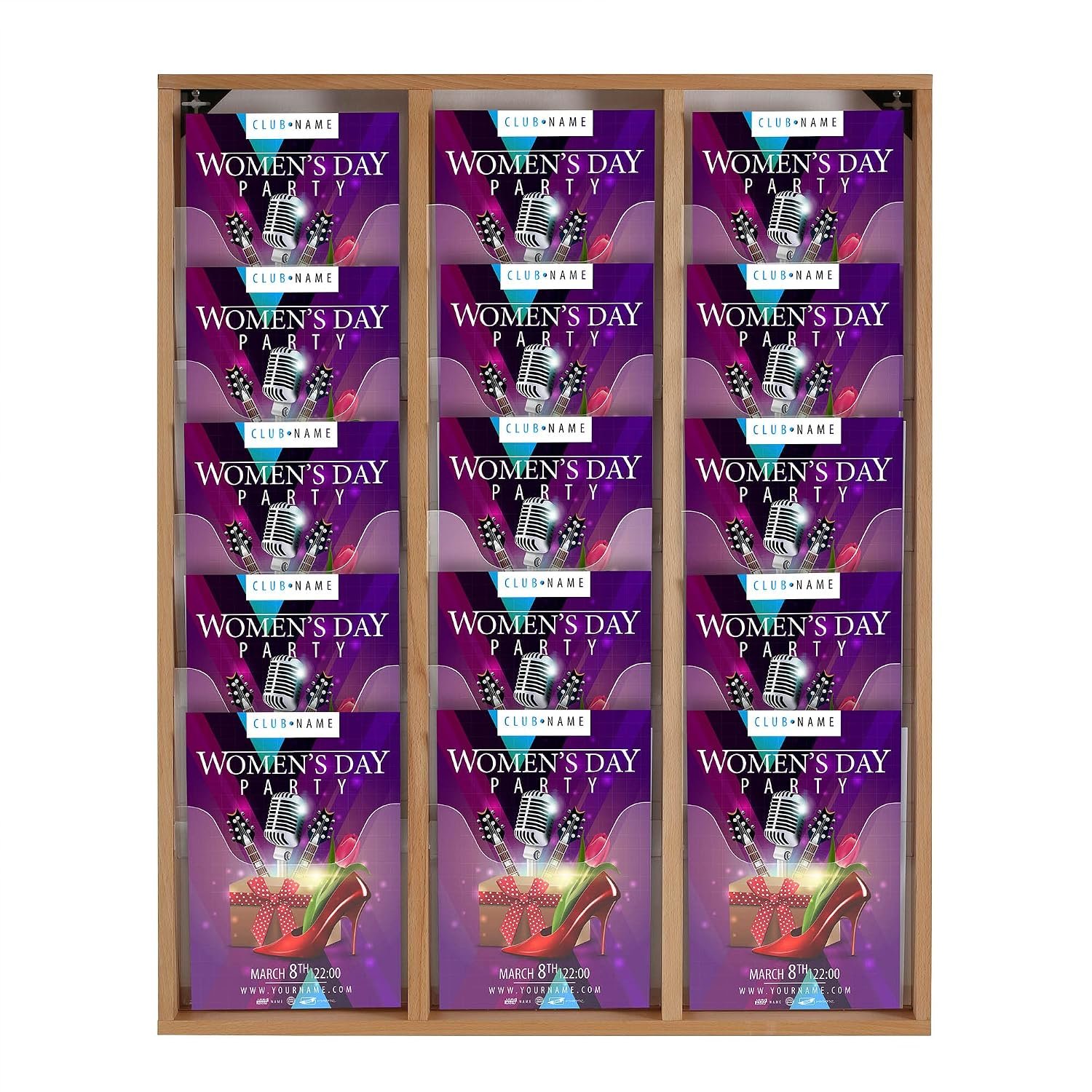 M&T Displays Wall Mount Natural Wood Magazine Brochure Rack Wooden Leaflet Literature Catalog Holder Easy Assembly Durable Clear PET G Pocket 15x(8.5x11) Inch for School Office...