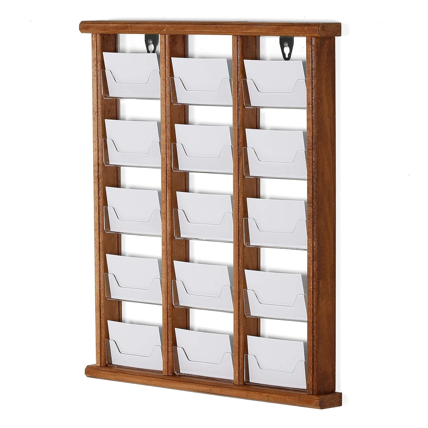 M&T Displays Wall Mount Wooden Rustic Card Holder Organizer 15 (3x5) Clear Acrylic Pockets 5 Tiered Letter Flyers Shelves for Offices Banks Schools Hospitals Dark Wood