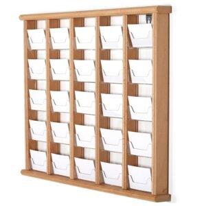 M&T Displays Wall Mount Wooden Rustic Card Holder Organizer 25 (5x5) Clear Acrylic Pockets 5 Tiered Letter Flyers Shelves for Offices Banks Schools Hospitals Natural Wood