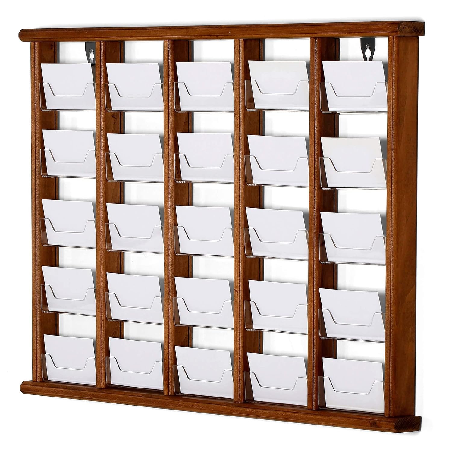M&T Displays Wall Mount Wooden Rustic Card Holder Organizer 25 (5x5) Clear Acrylic Pockets 5 Tiered Letter Flyers Shelves for Offices Banks Schools Hospitals Dark Wood
