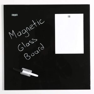 M&T Displays Wall Mounting Tempered Glass Dry Erase Write On Board Set Black with Whiteboard Marker 4 Magnetic Pins for Office School Home Kids (17.72x17.72 inch)