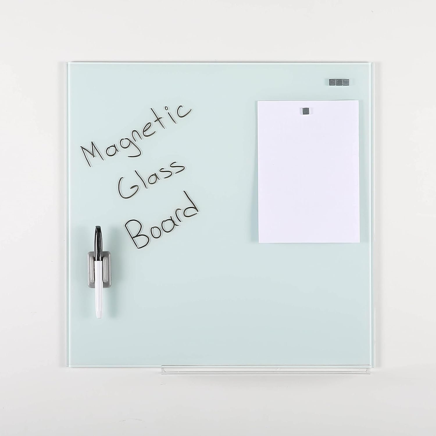 M&T Displays Wall Mounting Tempered Glass Dry Erase Write On Board Set Clear with Whiteboard Marker 4 Magnetic Pins for Office School Home Kids (13.78x13.78 inch)