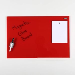 M&T Displays Wall Mounting Tempered Glass Dry Erase Write On Board Set Red with Whiteboard Marker 4 Magnetic Pins for Office School Home Kids (15.73x23.63 inch)