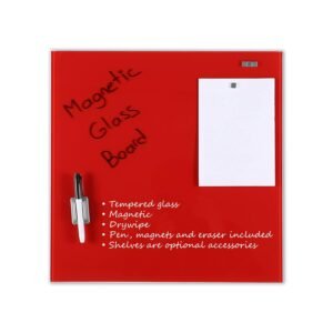 M&T Displays Wall Mounting Tempered Glass Dry Erase Write On Board Set Red with Whiteboard Marker 4 Magnetic Pins for Office School Home Kids (13.78x13.78 inch)