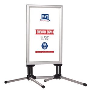 M&T Displays Weather and Wind Resistant Outdoor Reusable Durable Pavement Curb Sidewalk Sign Holder Floor Standing Silver Snap Frame SwingPro 22x28 Inches Aluminum