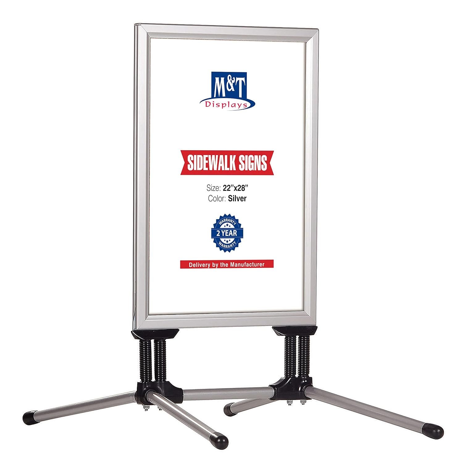 M&T Displays Weather and Wind Resistant Outdoor Reusable Durable Pavement Curb Sidewalk Sign Holder Floor Standing Silver Snap Frame SwingPro 22x28 Inches Aluminum