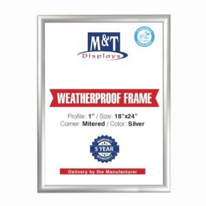 M&T Displays Weatherproof Snap Poster Frame 18x24 Inch Silver 1" Aluminum Profile Front Loading Wall Mounting Picture Photo Document Certificate Sign Holder Mitered Corner Anti...