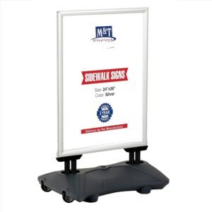 M&T Displays WindPro Lite Weather and Wind Resistant - Outdoor Pavement Curb Sidewalk Sign Holder, Silver, Aluminum, Easy Front Loading Snap Frame, Durable LDPE, Gray Water Base...