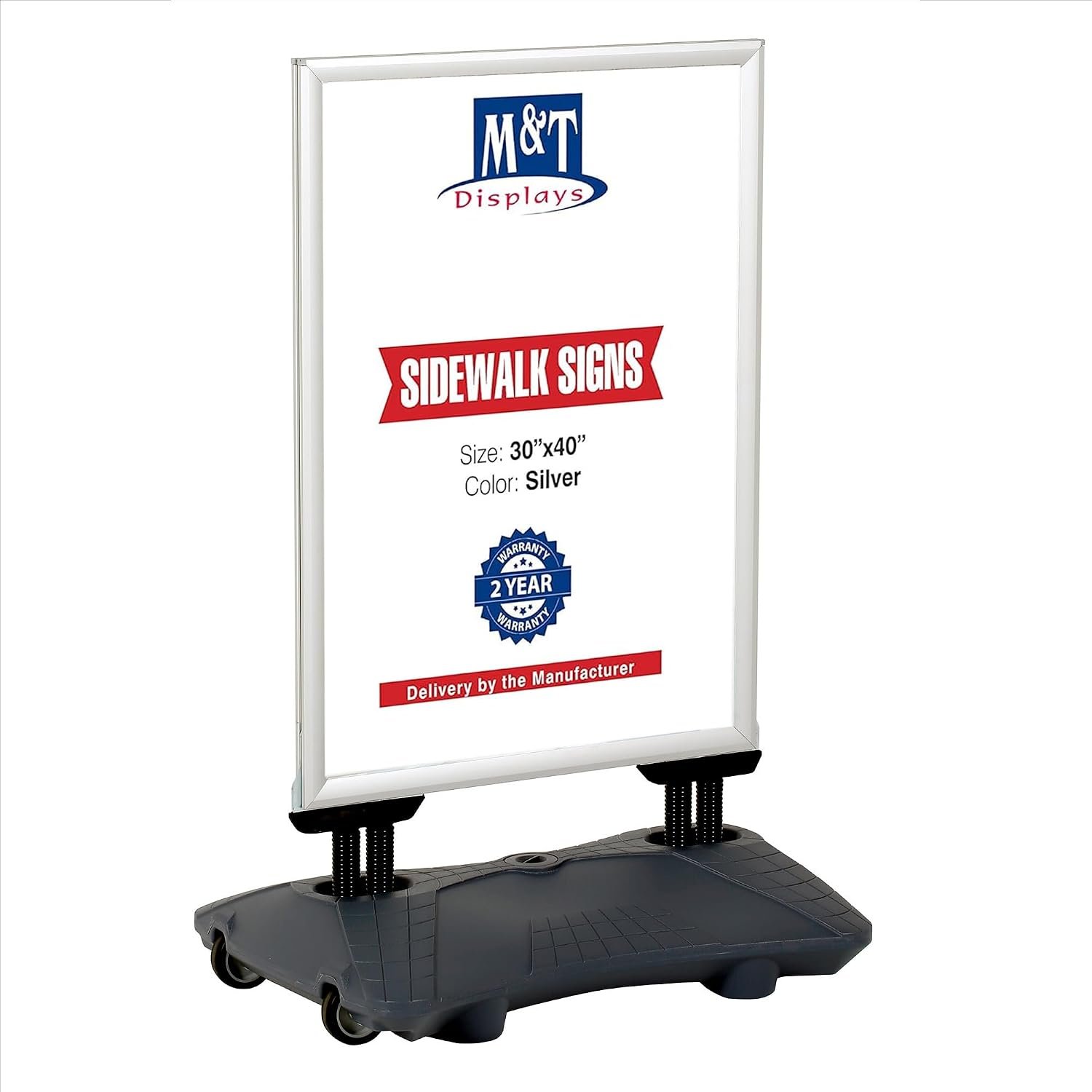 M&T Displays WindPro Lite Weather and Wind Resistant - Outdoor Pavement Curb Sidewalk Sign Holder, Silver, Aluminum, Easy Front Loading Snap Frame, Durable LDPE, Gray Water Base...