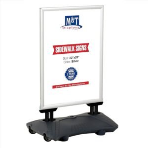 M&T Displays WindPro Lite Weather and Wind Resistant - Outdoor Pavement Curb Sidewalk Sign Holder, Silver, Aluminum, Easy Front Loading Snap Frame, Durable LDPE, Gray Water Base...