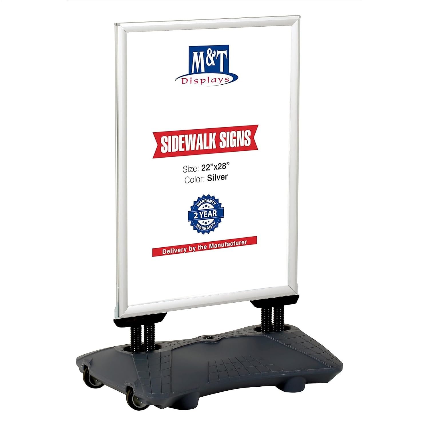 M&T Displays WindPro Lite Weather and Wind Resistant - Outdoor Pavement Curb Sidewalk Sign Holder, Silver, Aluminum, Easy Front Loading Snap Frame, Durable LDPE, Gray Water Base...