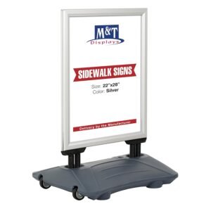 M&T Displays WindPro Weather and Wind Resistant Outdoor Pavement Curb Sidewalk Sign Holder for 22x28 Inch Posters Silver Aluminum Slide-In Frame Durable HDPE Silver Water Base