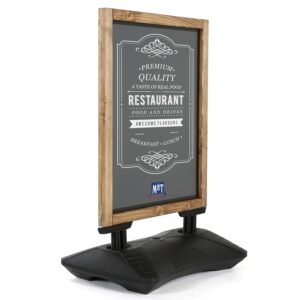 M&T Displays WindPro Wind Resistant Fir Wood Outdoor Pavement Sidewalk Sign with Magnetic Chalkboard, Durable HDPE Water Base and 2 Magnetic PET Covers (18x26.8, Dark Wood - Black)