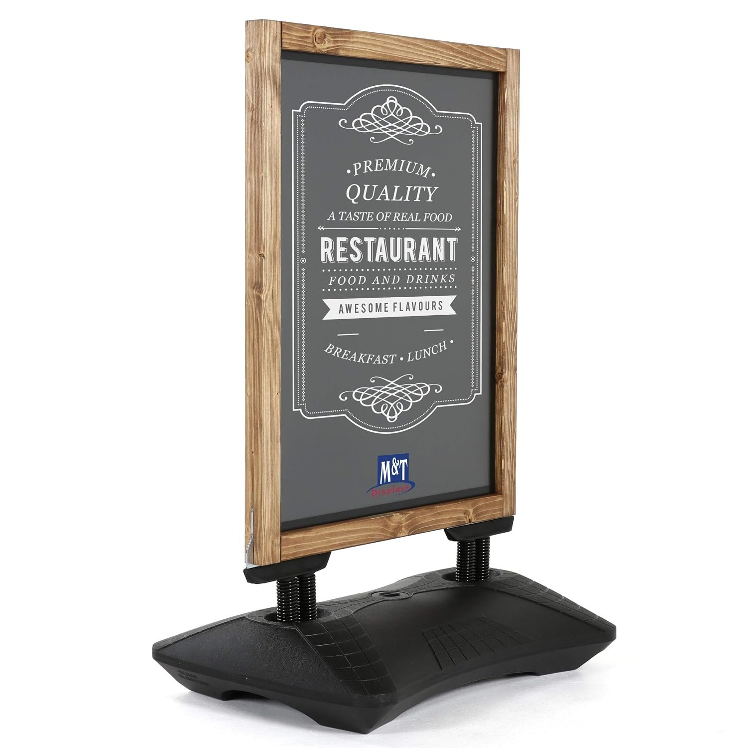M&T Displays WindPro Wind Resistant Fir Wood Outdoor Pavement Sidewalk Sign with Magnetic Chalkboard, Durable HDPE Water Base and 2 Magnetic PET Covers (18x26.8, Dark Wood - Black)
