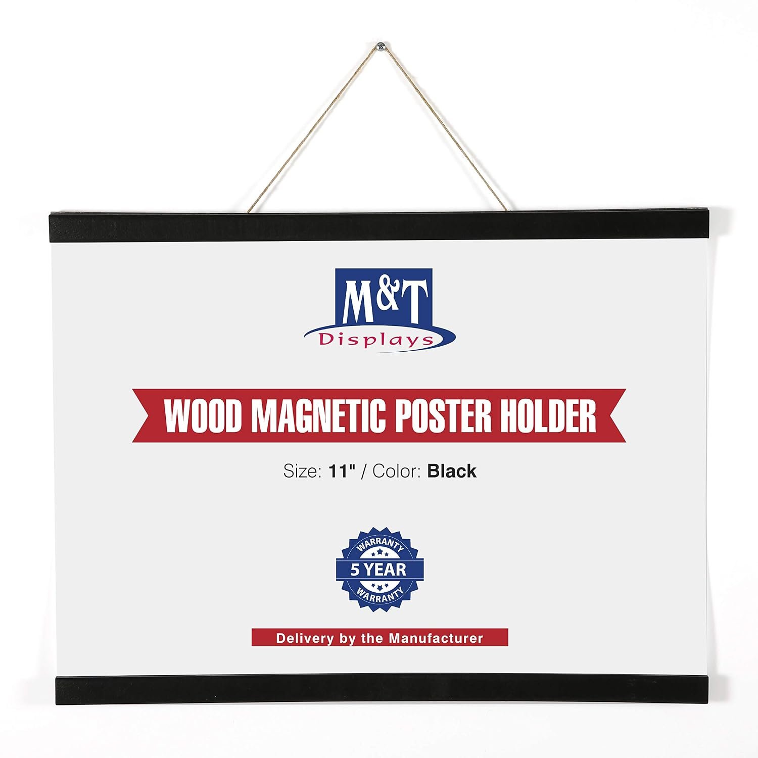 M&T Displays Wood Magnetic Poster Holder 11 inch Black Hanger Frame for Hanging Picture Wall Artwork Canvas Painting Photo World Map Beech Wood for Office Classroom