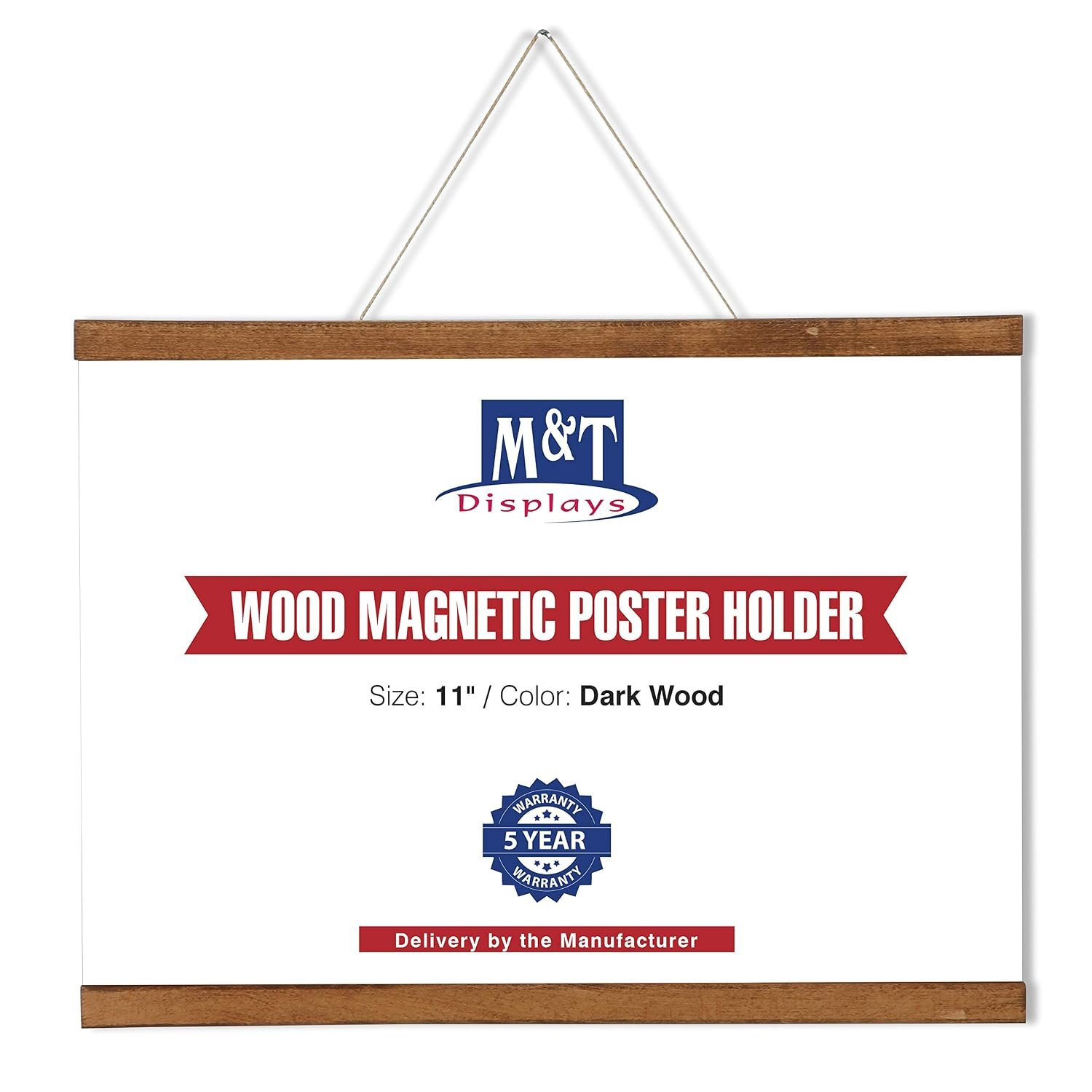 M&T Displays Wood Magnetic Poster Holder 11 inch Dark Wood Hanger Frame for Hanging Picture Wall Artwork Canvas Painting Photo World Map Beech Wood for Office Classroom