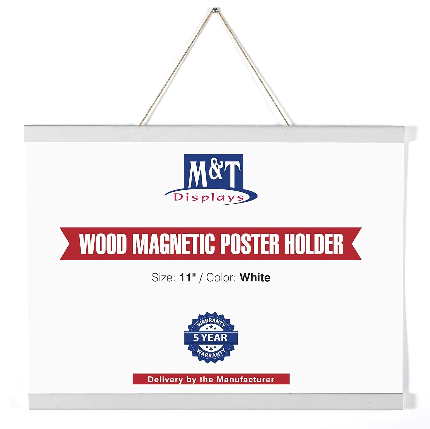 M&T Displays Wood Magnetic Poster Holder 11 inch White Hanger Frame for Hanging Picture Wall Artwork Canvas Painting Photo World Map Beech Wood for Office Classroom