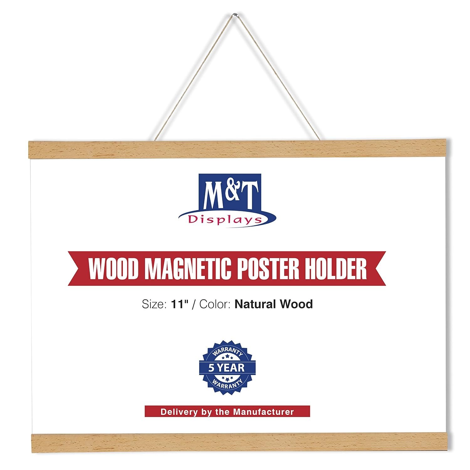 M&T Displays Wood Magnetic Poster Holder 11 inches Natural Wood Hanger Frame for Hanging Picture Wall Artwork Canvas Painting Photo World Map Beech Wood