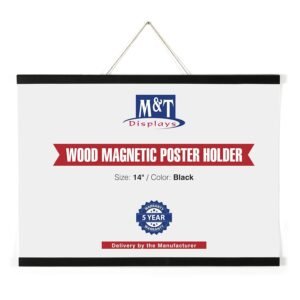 M&T Displays Wood Magnetic Poster Holder 14 inch Black Hanger Frame for Hanging Picture Wall Artwork Canvas Painting Photo World Map Beech Wood for Office Classroom