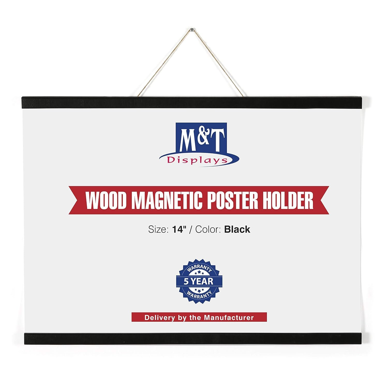 M&T Displays Wood Magnetic Poster Holder 14 inch Black Hanger Frame for Hanging Picture Wall Artwork Canvas Painting Photo World Map Beech Wood for Office Classroom