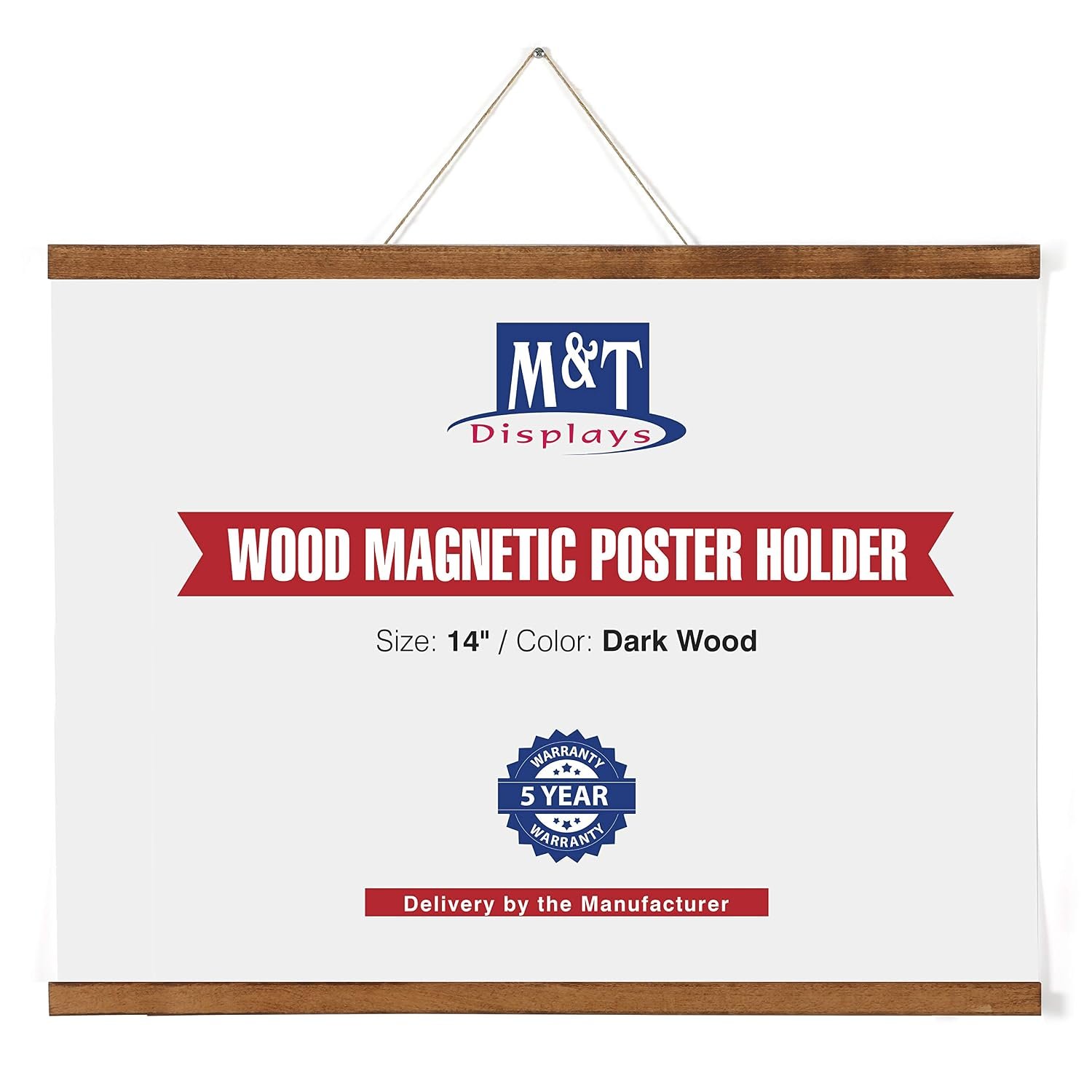 M&T Displays Wood Magnetic Poster Holder 14 inch Dark Wood Hanger Frame for Hanging Picture Wall Artwork Canvas Painting Photo World Map Beech Wood for Office Classroom