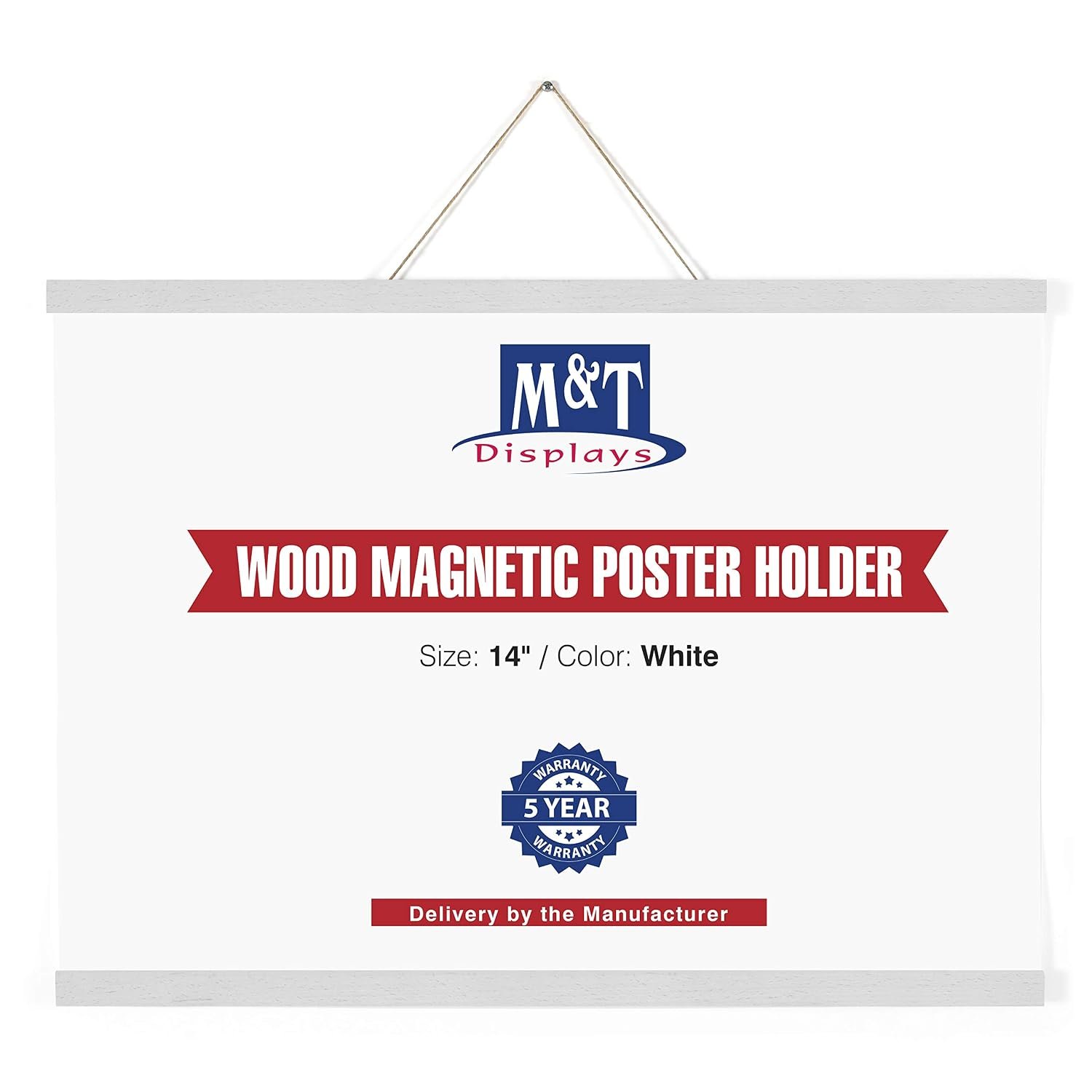 M&T Displays Wood Magnetic Poster Holder 14 inch White Hanger Frame for Hanging Picture Wall Artwork Canvas Painting Photo World Map Beech Wood for Office Classroom