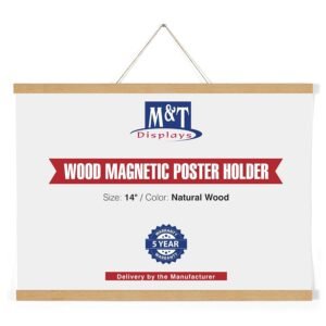 M&T Displays Wood Magnetic Poster Holder 14 inches Natural Wood Hanger Frame for Hanging Picture Wall Artwork Canvas Painting Photo World Map Beech Wood