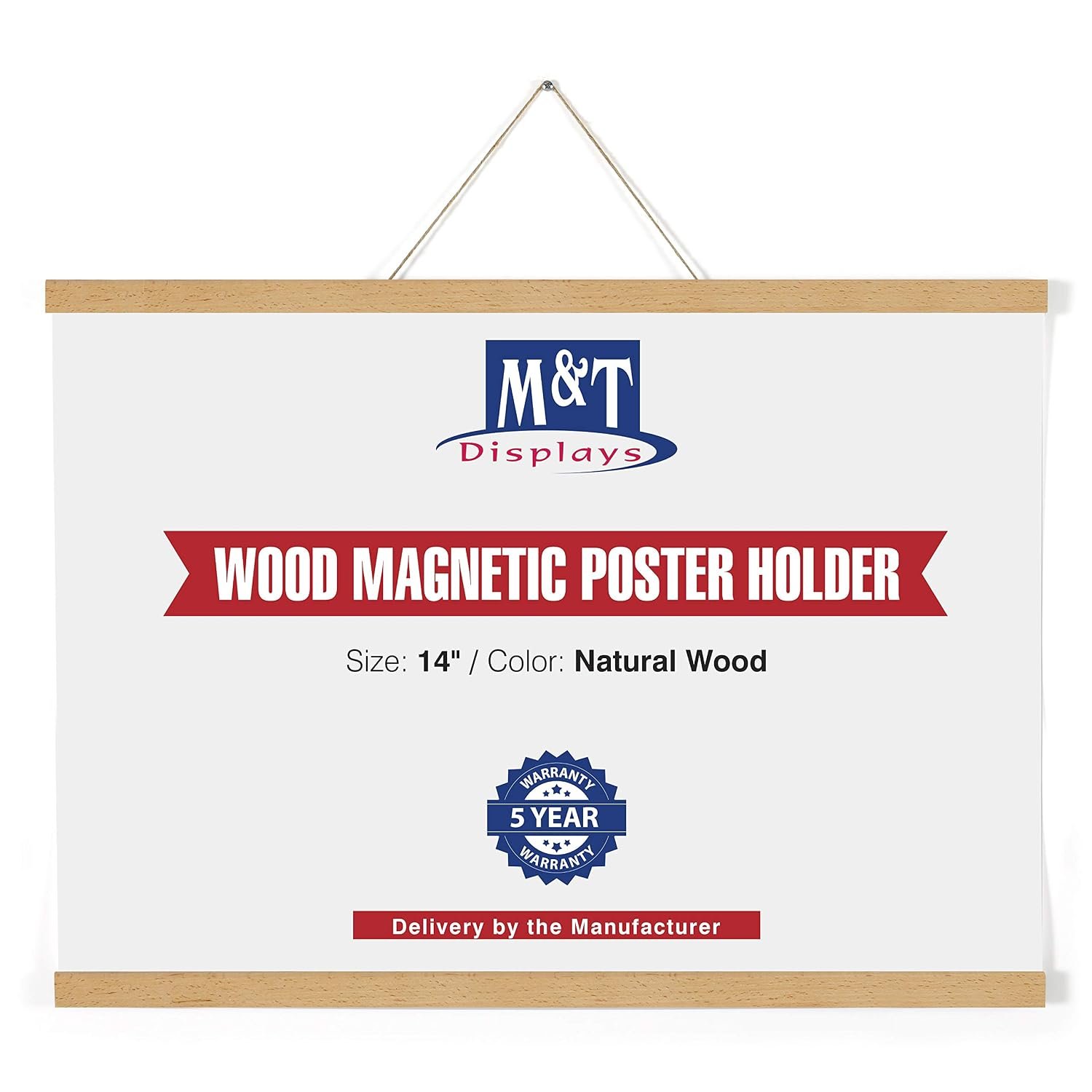 M&T Displays Wood Magnetic Poster Holder 14 inches Natural Wood Hanger Frame for Hanging Picture Wall Artwork Canvas Painting Photo World Map Beech Wood