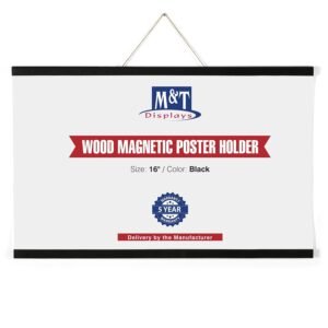 M&T Displays Wood Magnetic Poster Holder 16 inch Black Hanger Frame for Hanging Picture Wall Artwork Canvas Painting Photo World Map Beech Wood for Office Classroom