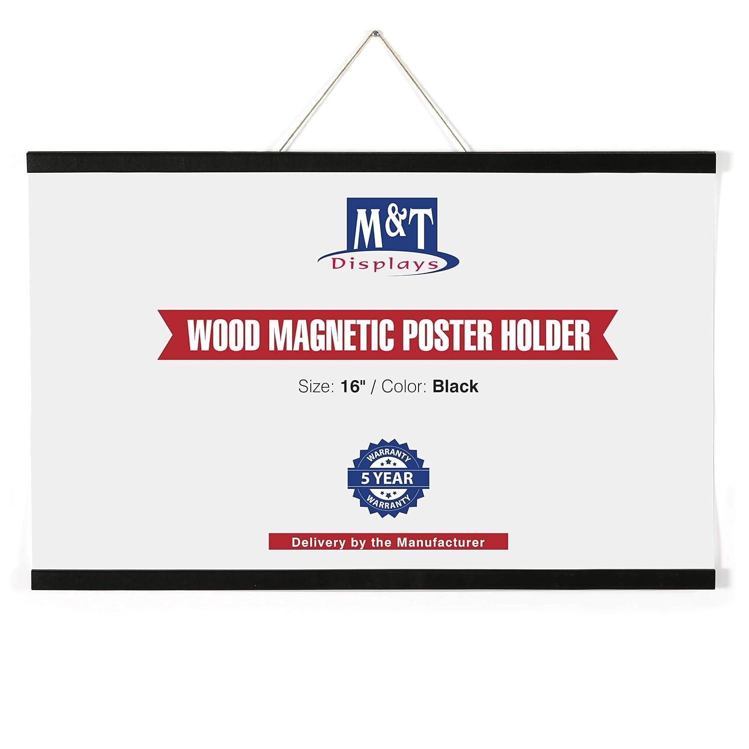 M&T Displays Wood Magnetic Poster Holder 16 inch Black Hanger Frame for Hanging Picture Wall Artwork Canvas Painting Photo World Map Beech Wood for Office Classroom
