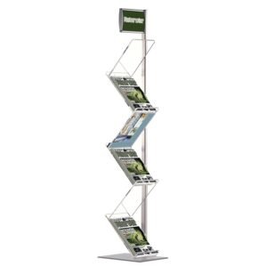 M&T Displays Zig Zag Literature Rack Free Standing Portable Flyer Display Brochure Stand Magazine Holder 6x(8.5x11) Inch Acrylic Shelves Aluminum Single Pole With Header for...