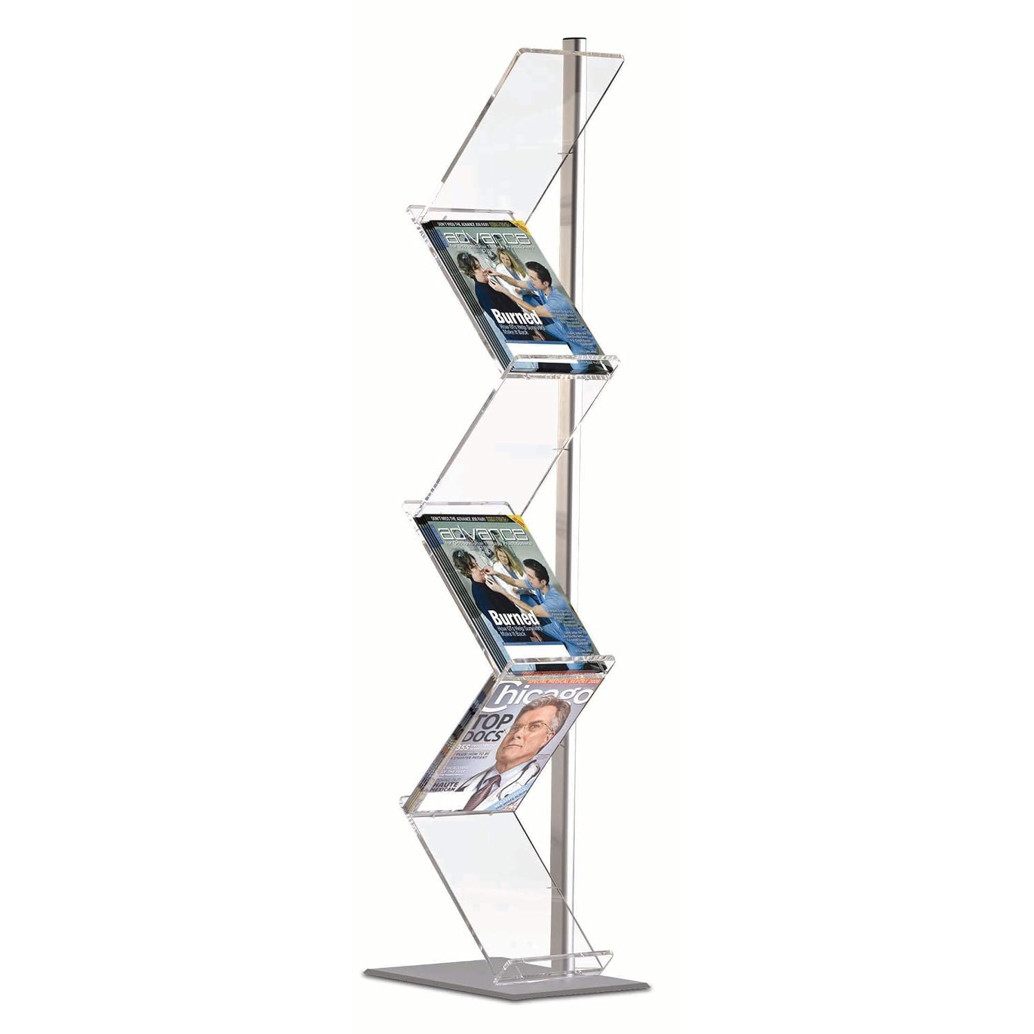 M&T Displays Zig Zag Literature Rack Free Standing Portable Flyer Display Brochure Stand Magazine Holder 6x(8.5x11) Inch Acrylic Shelves Aluminum Single Pole for Trade Show...