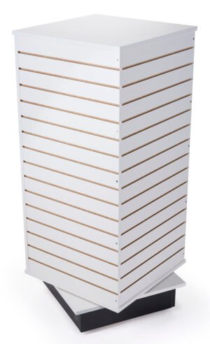 Slatwall Cube Fixture for Floor, 4 Sides, Rotating, Base Wheels - Black