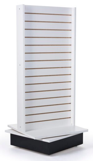 Slatwall Kiosk, I-Shaped, 2 Sides, Rotating, Base Wheels – Cherry