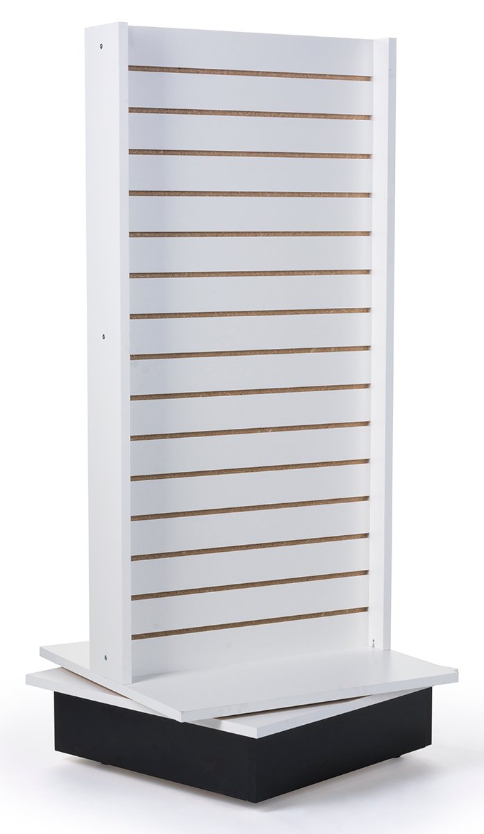 Slatwall Kiosk, I-Shaped, 2 Sides, Rotating, Base Wheels – Cherry